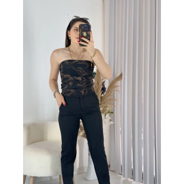 Siyah Straplez Tül Bluz