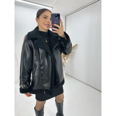 Suni Deri Kürklü Biker Mont