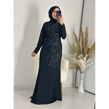 Taş Detay Abiye Elbise Siyah