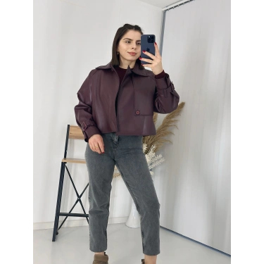 Tasarım Parçalı Kısa Deri Ceket Bordo