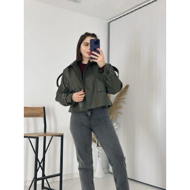 Tasarım Parçalı Kısa Deri Ceket Haki