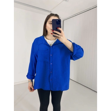 Tek Cepli Oversize Keten Gömlek Mavi