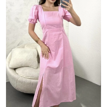 TOZ PEMBE SIRT DEKOLTE KETEN ELBİSE