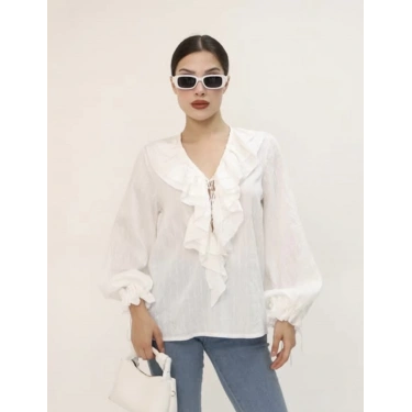 V Yaka Fırfırlı Bluz Beyaz