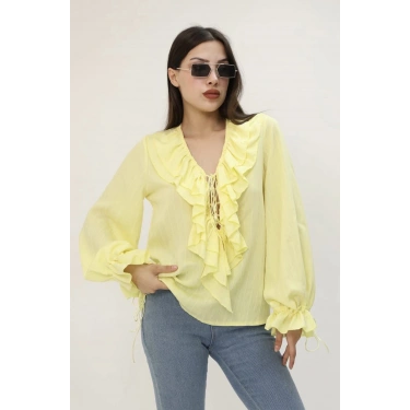 V Yaka Fırfırlı Bluz Sarı