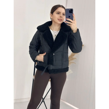 Yakası Kürklü Kemerli Kısa Şişme Mont