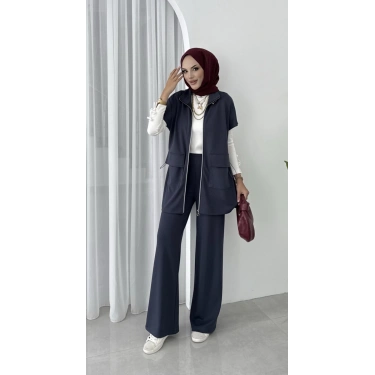 Yelekli Fermuarlı Üçlü Takım Antrasit