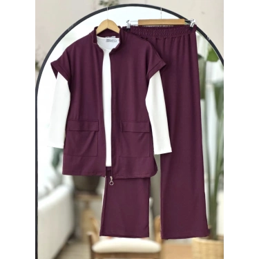 Yelekli Fermuarlı Üçlü Takım Bordo