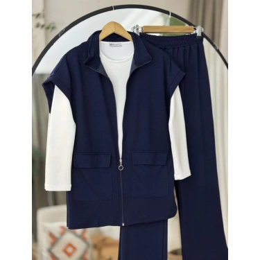 Yelekli Fermuarlı Üçlü Takım Lacivert