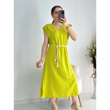 Yeşil Kemerli Midi Boy Elbise