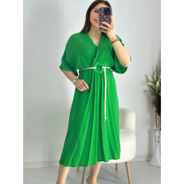 Yeşil Kravuze Kemerli Elbise