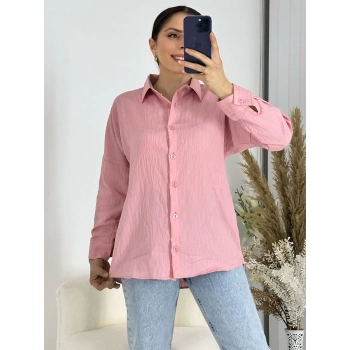 Ağaç Kabuğu Oversize Keten Pembe Gömlek