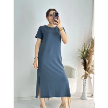 Antrasit Kısa Kollu Yanları Yırtmaçlı Penye Elbise