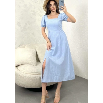 BEBE MAVİ SIRT DEKOLTE KETEN ELBİSE