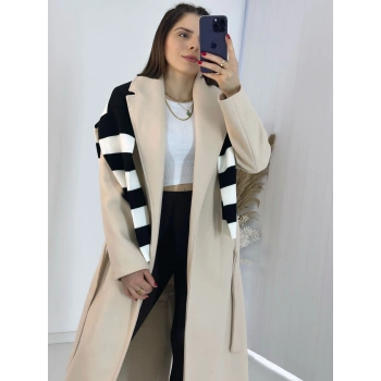 Bej İçi Astarlı Kemerli Uzun Kaşe Kaban