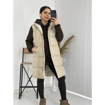 Bej Kapişonlu Uzun Şişme Yelek