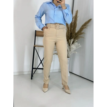 Bej Kemerli Boru Paça Kumaş Pantolon