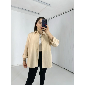 Bej Uzun Kollu Basic Pamuklu Oversize Gömlek