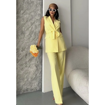 Bel Kuşaklı Yelek Palazzo Takım Sarı
