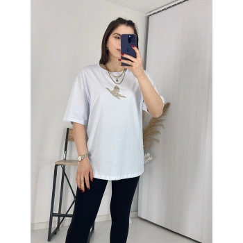 Beyaz Gold Taş İşlemeli Kuşlu Tişört
