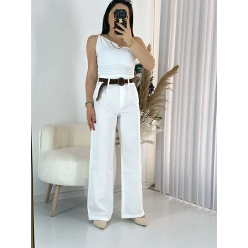 Beyaz Kemerli Keten Palazzo Pantolon