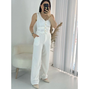 Beyaz Yelek Pantolon İkili Takım