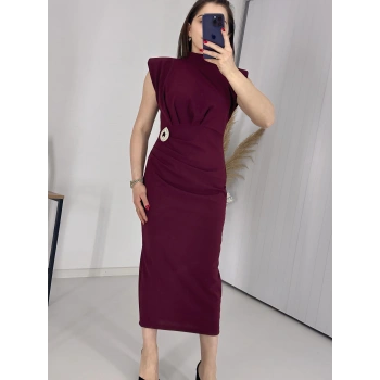 Bordo BROŞLU Vatkalı Krep Elbise