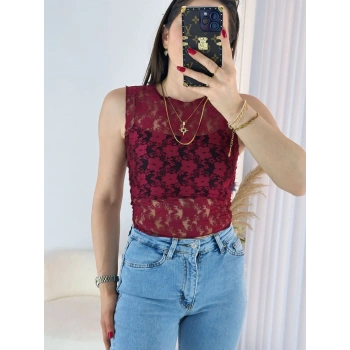 Bordo Transparan Dantel Bluz