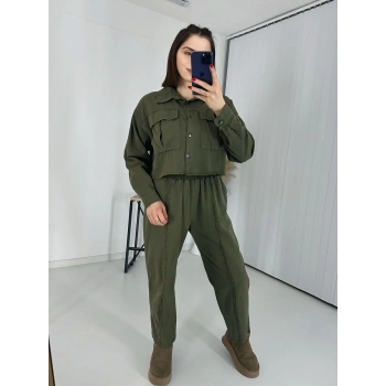 Çift Cepli Ceket Ve Dikiş Detaylı Pantolon İkili Takım - Haki