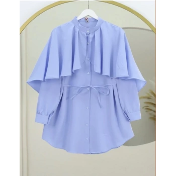 Dik Yaka Pelerin Detaylı Poplin Gömlek Mavi