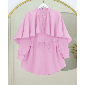 Dik Yaka Pelerin Detaylı Poplin Gömlek Pembe