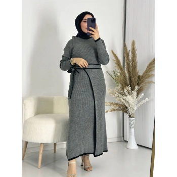 Eteği Bağlamalı Triko Elbise Gri