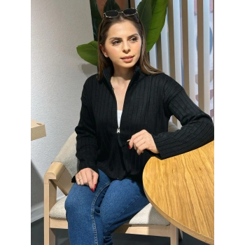 Fitilli fermuar detay hırka siyah