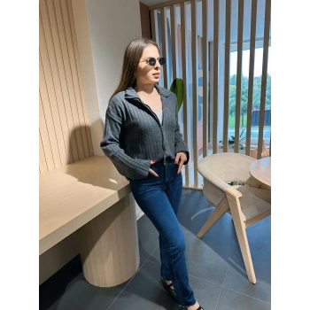 Fitilli fermuar detay hırka gri