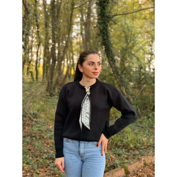 Fular detay düz yaka kazak lacivert