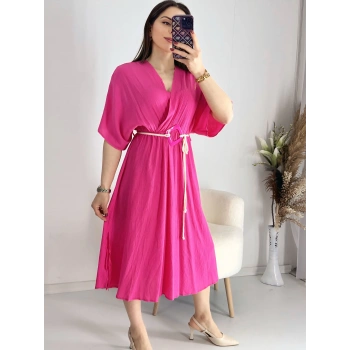 Fuşya Kravuze Kemerli Elbise