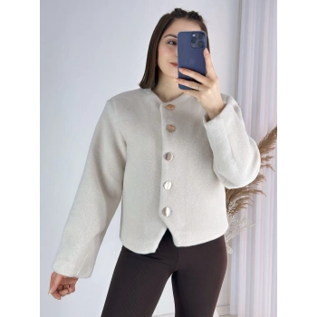 Gold Düğmeli Kaşe Ceket - EKRU