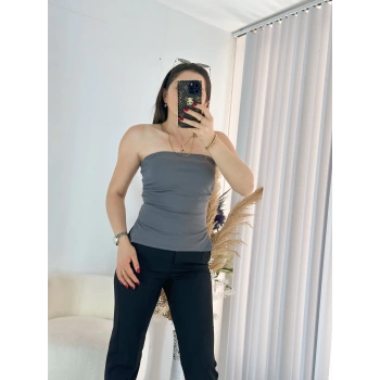 Gri Çift Yırtmaçlı Straplez Bluz