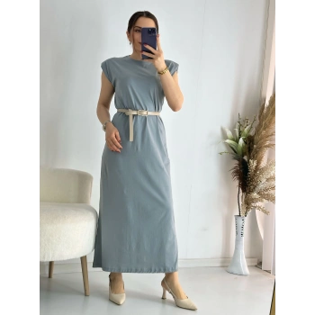 Gri Vatkalı Penye Elbise