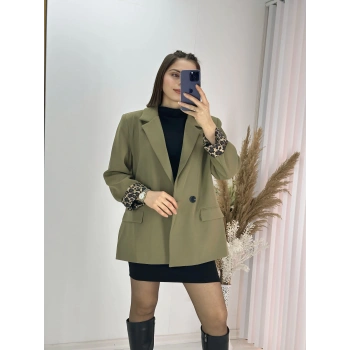 Haki Leopar Astarlı Atlas Kumaş Blazer Ceket