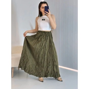 Haki Yeşil Kraşlı Pamuk Uzun Etek