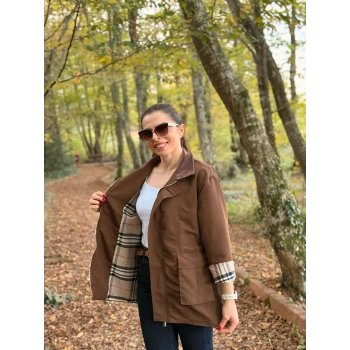 Kadife yaka ekose astar Trenç mont kahve