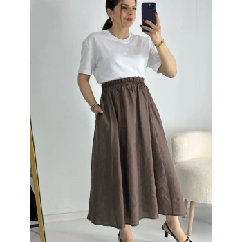 Kahve Beli Lastiklı Kloş Balon Etek