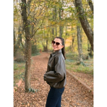 Kemer detay deri bomber ceket kahve