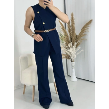 Kemerli Yelekli Pantolon ikili Takım Lacivert