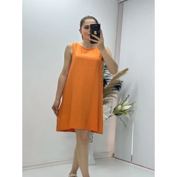 Keten Kumaş Kolsuz Elbise Turuncu
