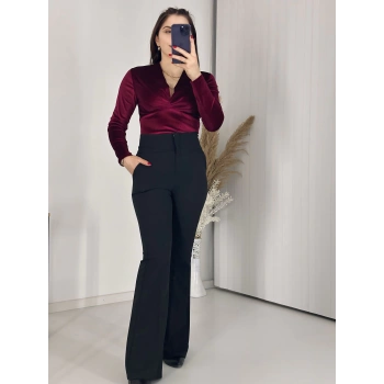 Kravuze Yaka Kadife Bluz Bordo