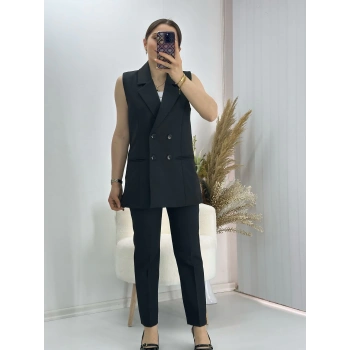 Kravuze Yaka Yelek Pantolon Takım Siyah