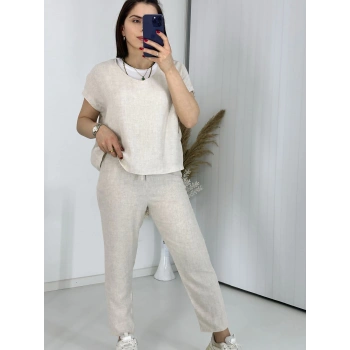 Krem V Yaka Keten Takım