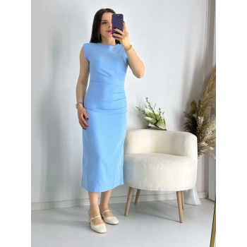 Mavi Omuz Vatkalı Drape Elbise